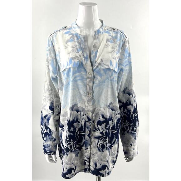 Calvin Klein Top Plus Size 1X Blue White Floral Button Up Roll Tab Sleeve Blouse - Picture 2 of 8